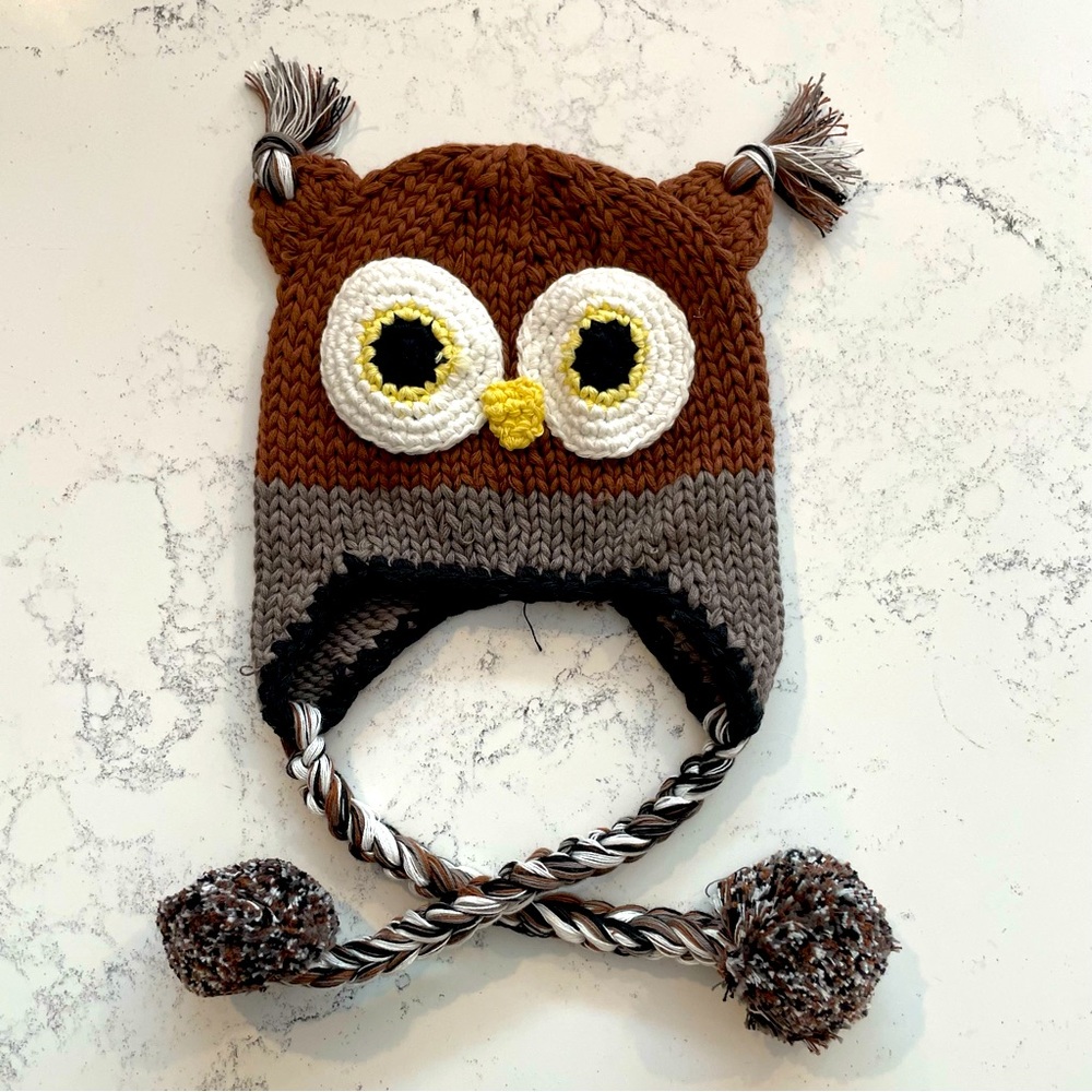 Size 3-6 months Hand Knit Cotton Infant Hat Owl Design